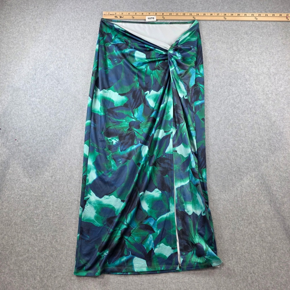 Urbanic Womens XL Green Blue Floral Twist Knot High Slit Maxi Skirt Watercolor